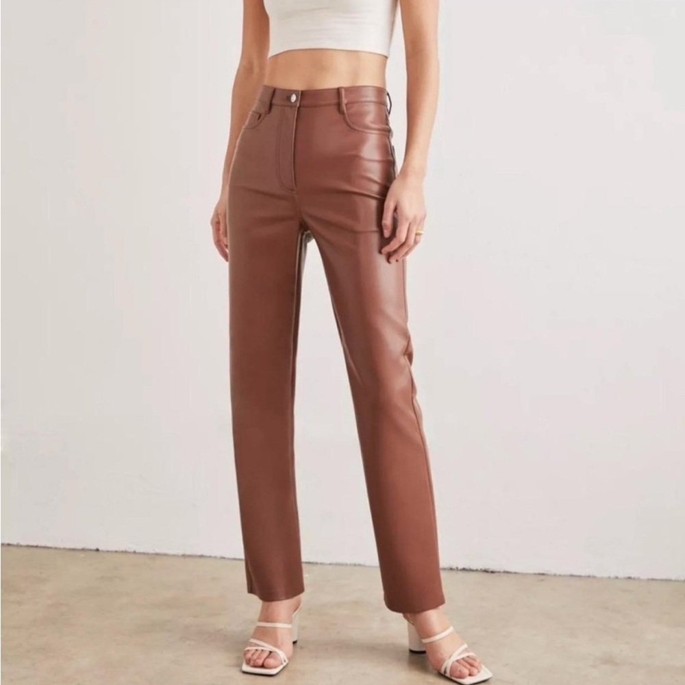 Aritzia Wilfred Melina Pants Faux Leather Cognac Brown Straight Leg Size 2